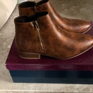 Brown Leatherette Side-Zip Ankle Boots for Women